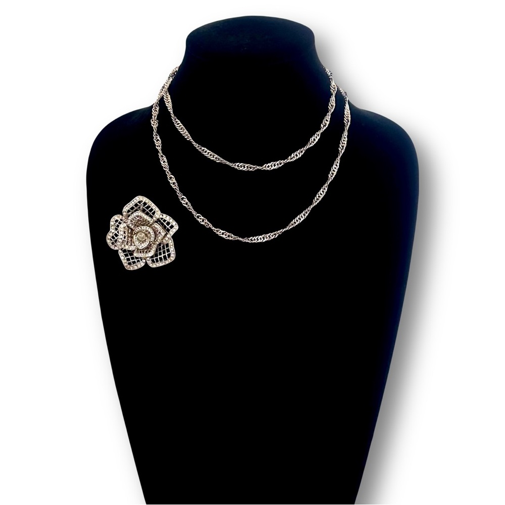 WHBM Pave Crystal Silver Rose Pendant/Broach Convertible Necklace NWT - Picture 9 of 14